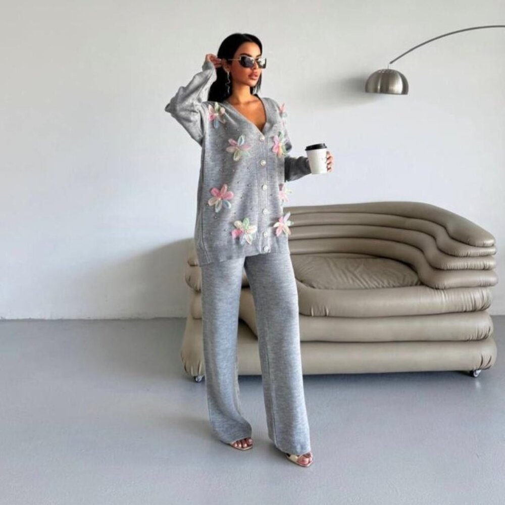 Gray Floral Embroidered Cardigan Set with Matching Pants Loungewear -S, M, L, XL